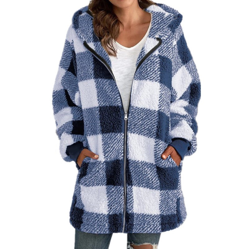 Arabella - Manteau à Capuche en Fleece à Carreaux à Manches Longues