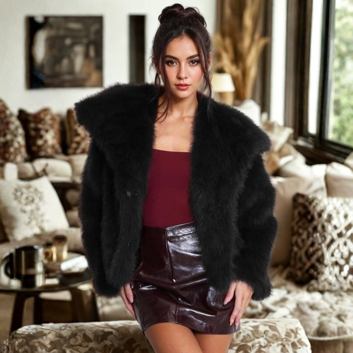 Corrine - Manteau Fuzzy Classique à Manches Longues et Col