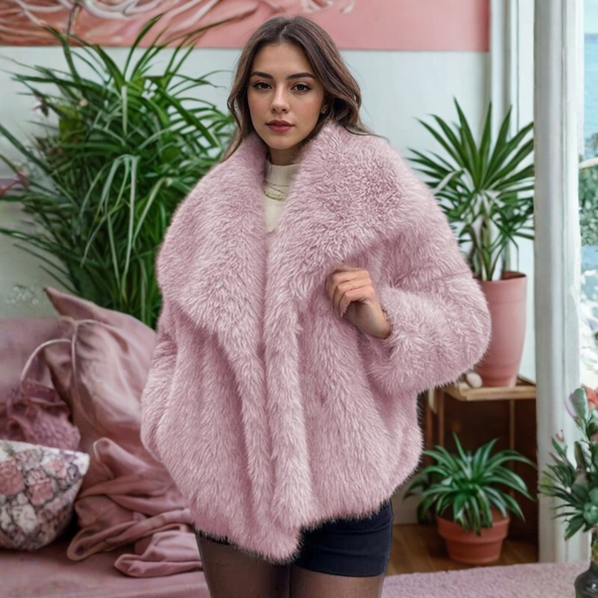 Corrine - Manteau Fuzzy Classique à Manches Longues et Col