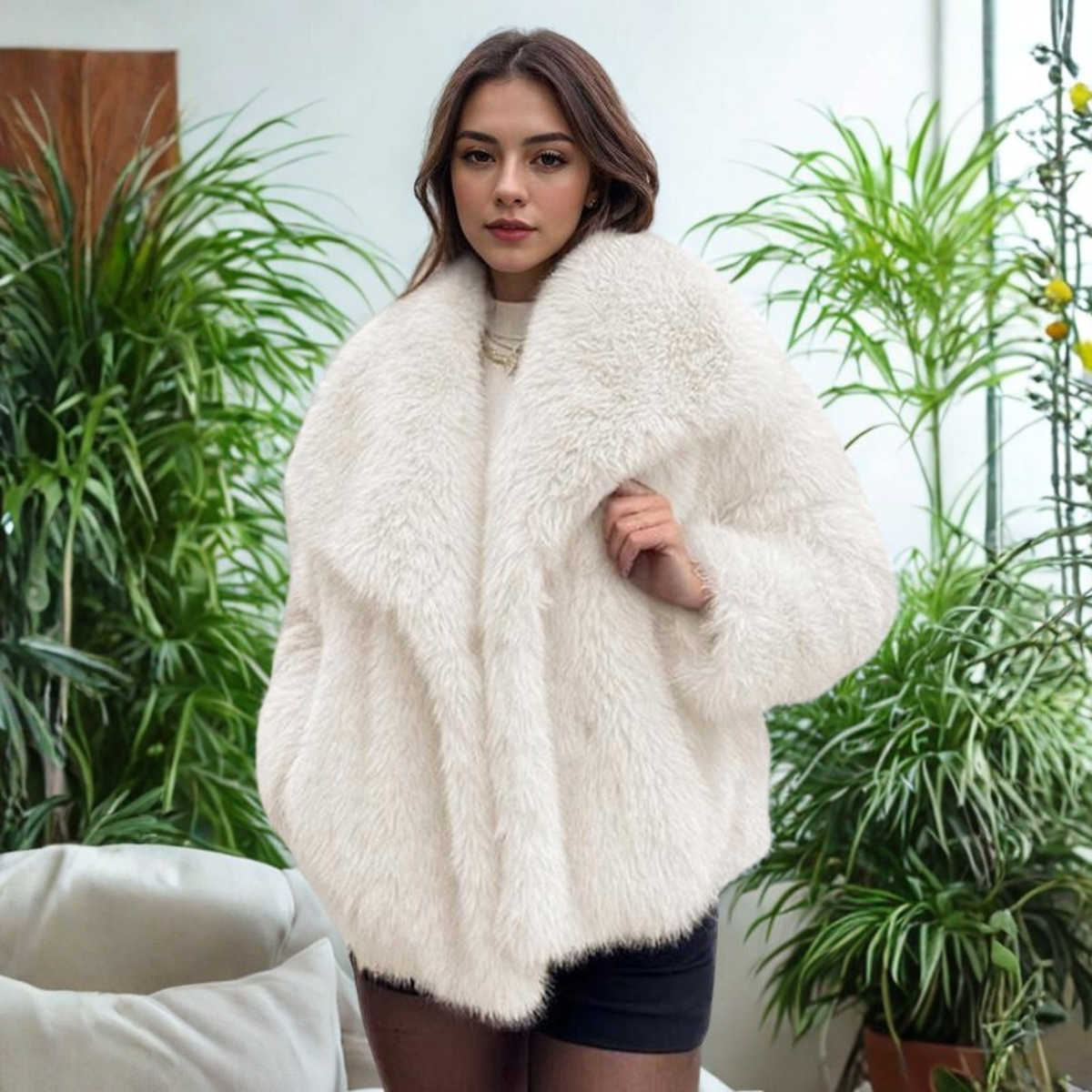 Corrine - Manteau Fuzzy Classique à Manches Longues et Col