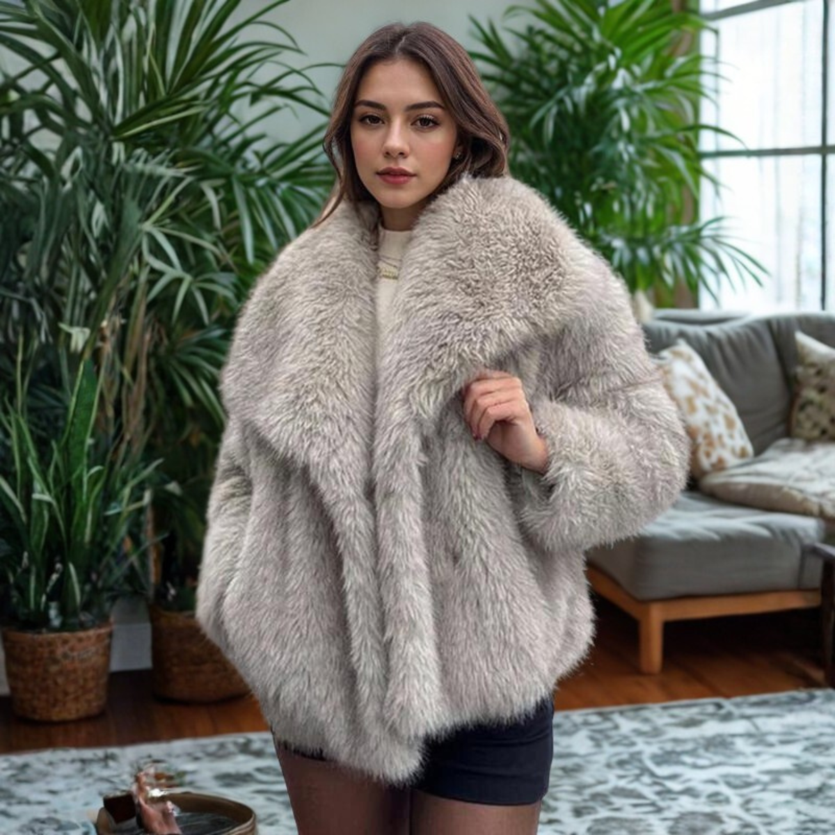 Corrine - Manteau Fuzzy Classique à Manches Longues et Col
