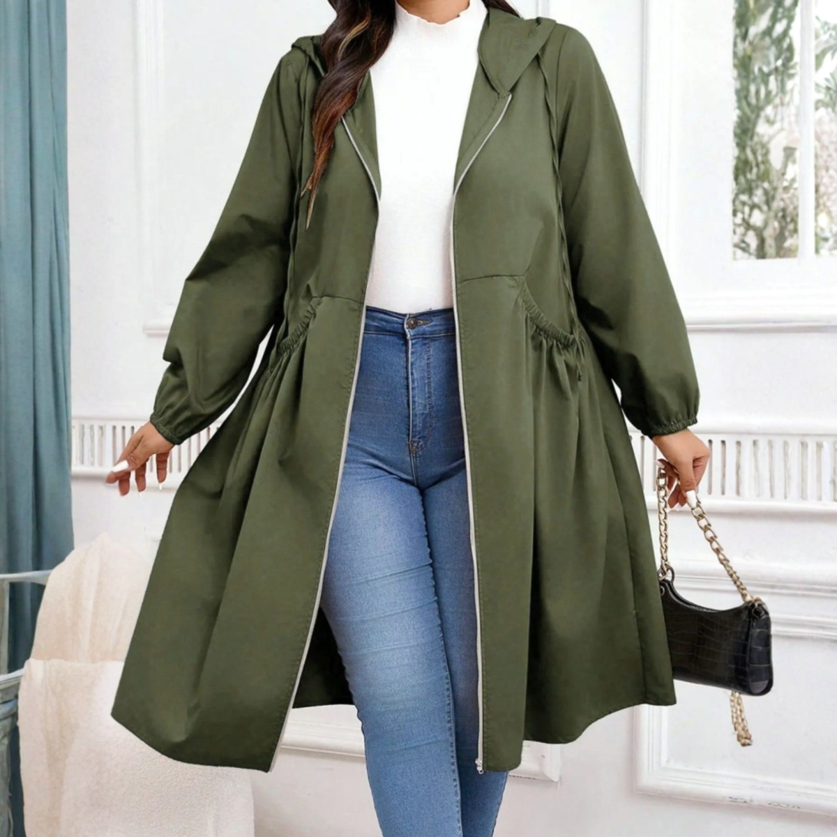 Avril - Manteau à Capuche à Manches Longues avec Cordon de Serrage et Fermeture Éclair en Taille Plus Décontractée