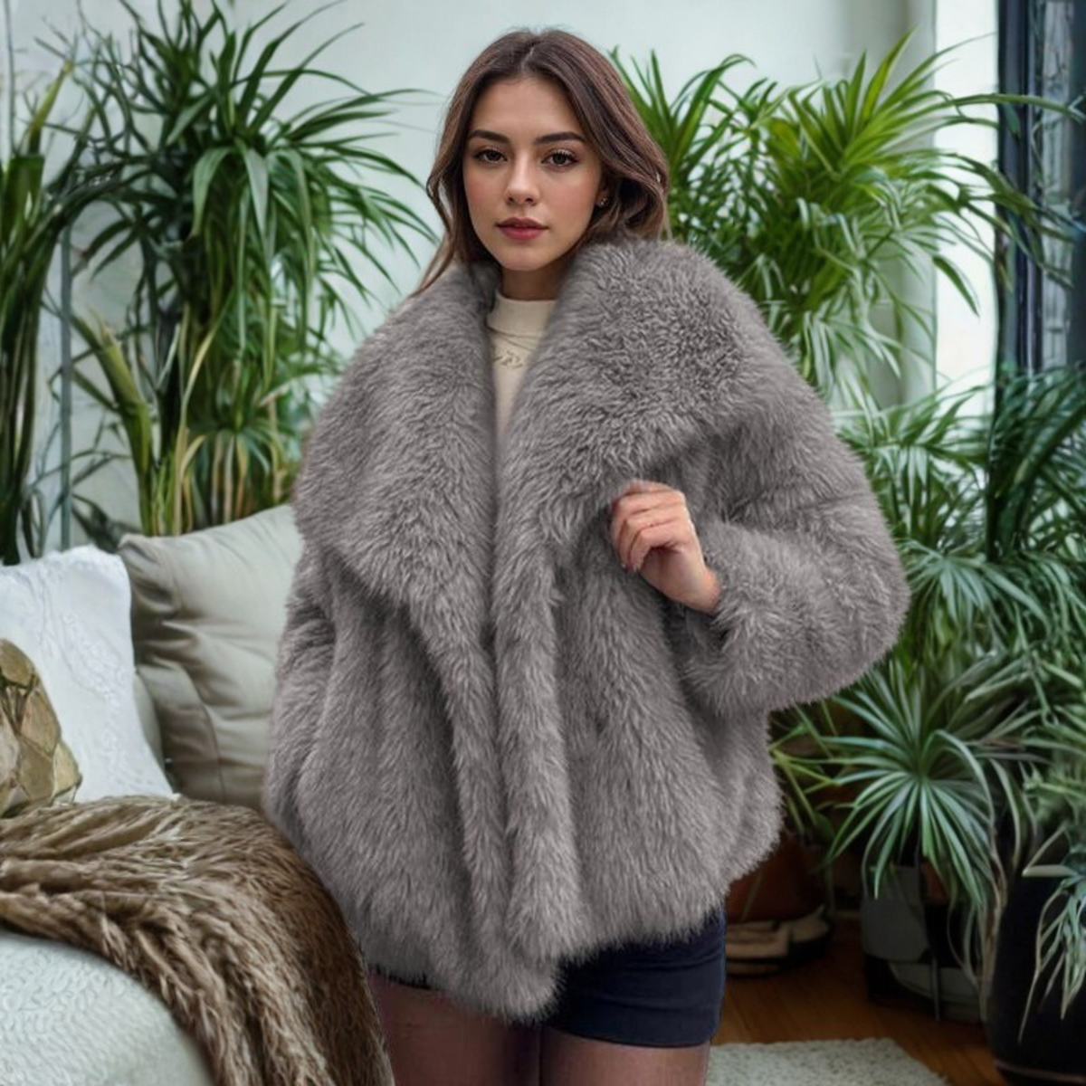 Corrine - Manteau Fuzzy Classique à Manches Longues et Col