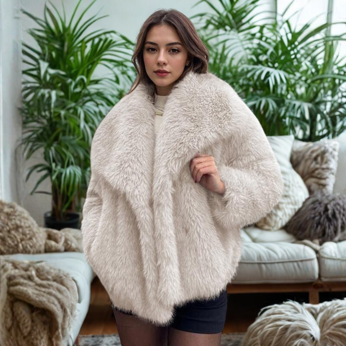 Corrine - Manteau Fuzzy Classique à Manches Longues et Col