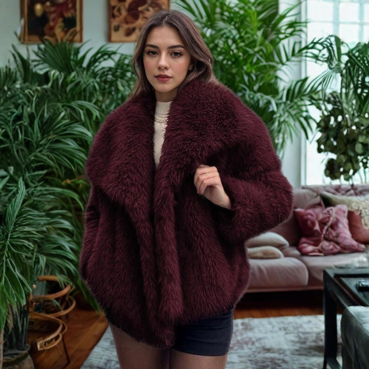 Corrine - Manteau Fuzzy Classique à Manches Longues et Col