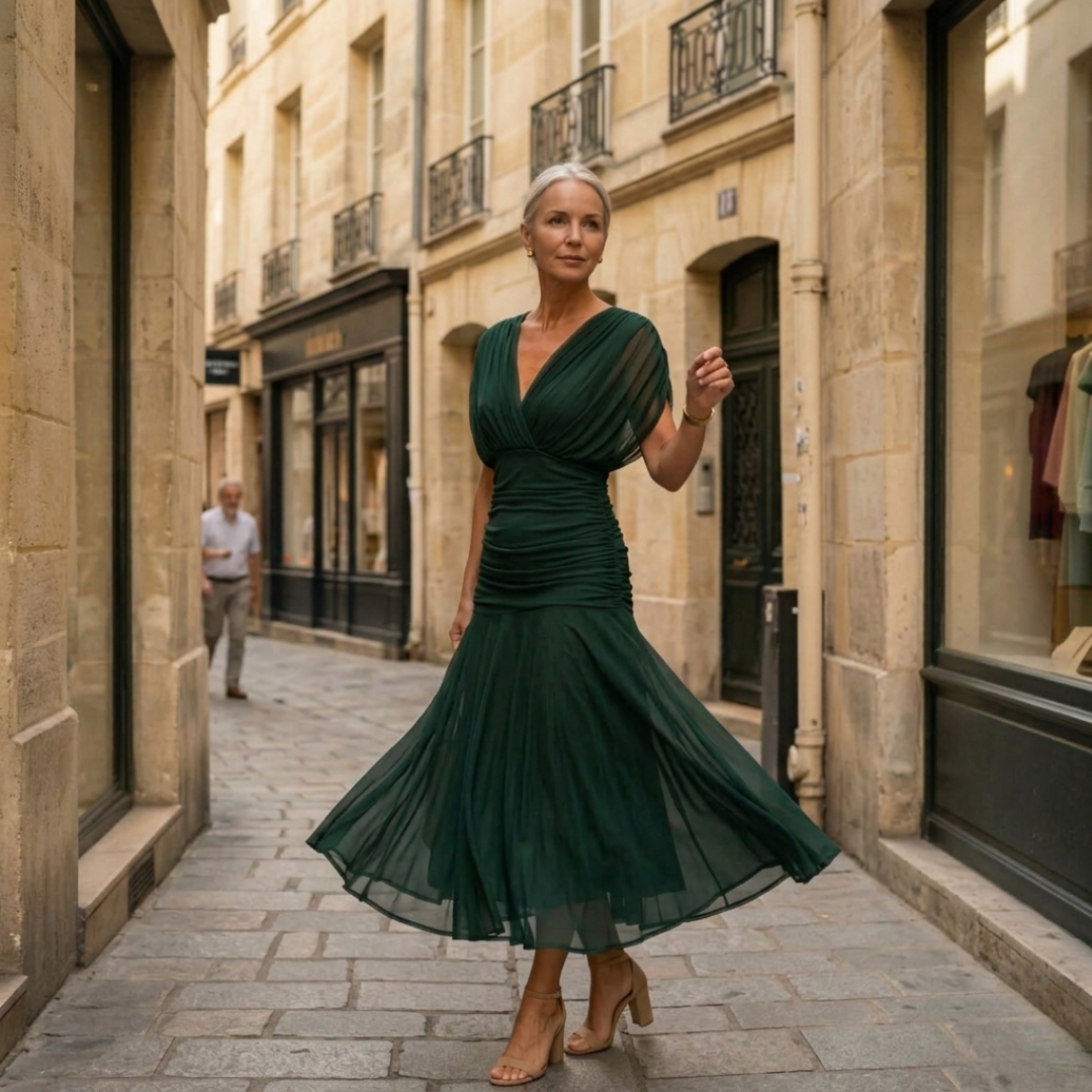 Sylvie | Robe Maxi Drapée à Col en V et Manches Voilées