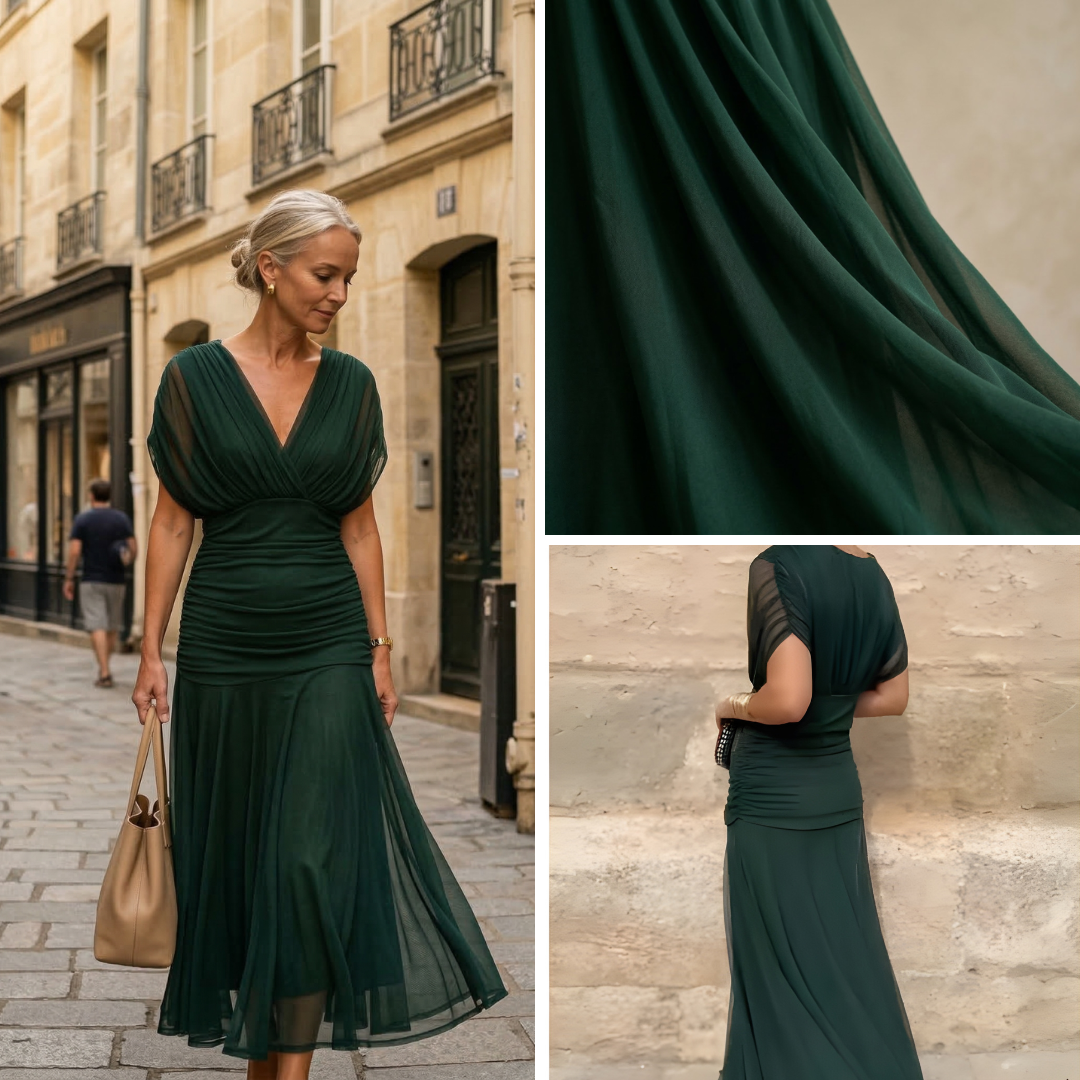 Sylvie | Robe Maxi Drapée à Col en V et Manches Voilées