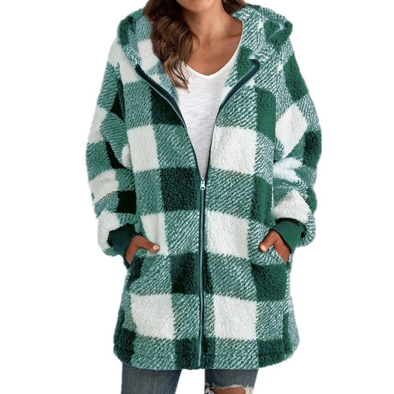 Arabella - Manteau à Capuche en Fleece à Carreaux à Manches Longues