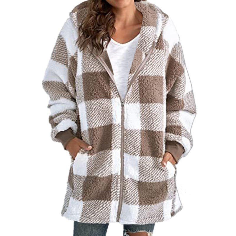 Arabella - Manteau à Capuche en Fleece à Carreaux à Manches Longues