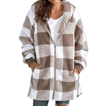 Arabella - Manteau à Capuche en Fleece à Carreaux à Manches Longues