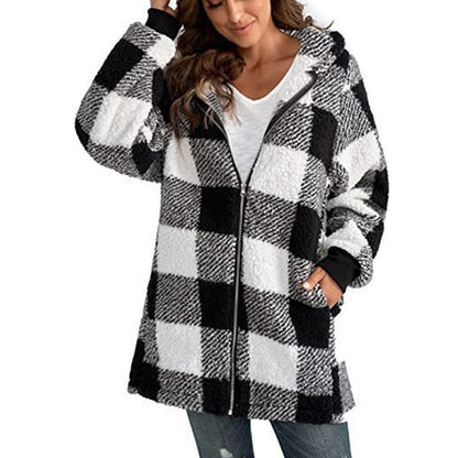 Arabella - Manteau à Capuche en Fleece à Carreaux à Manches Longues
