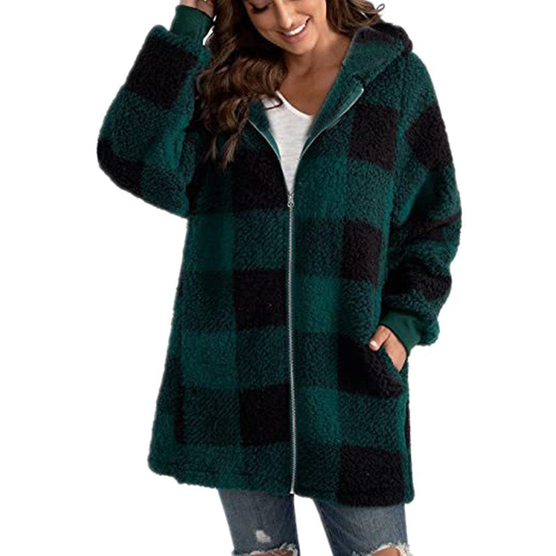Arabella - Manteau à Capuche en Fleece à Carreaux à Manches Longues
