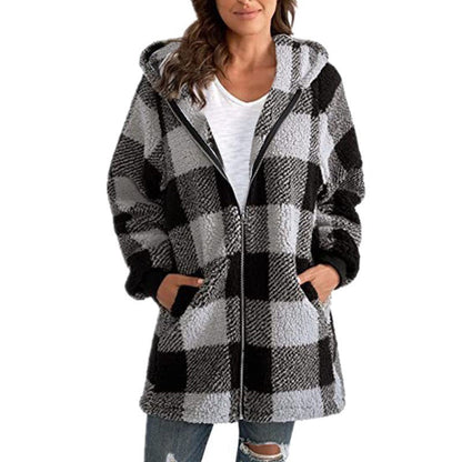 Arabella - Manteau à Capuche en Fleece à Carreaux à Manches Longues