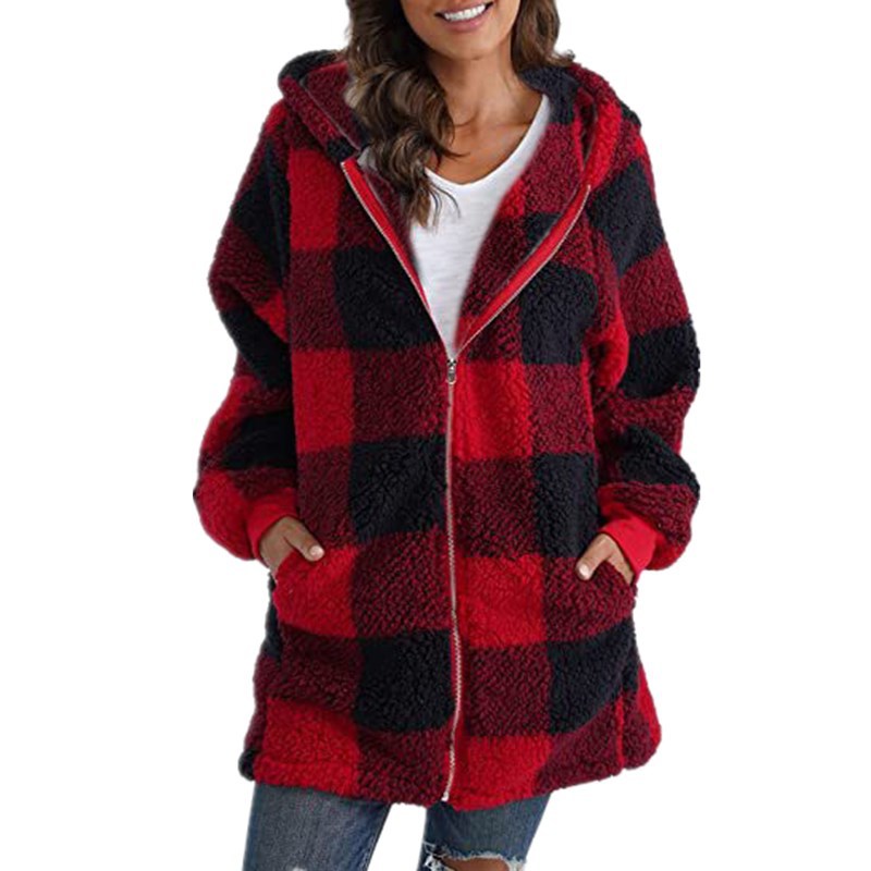 Arabella - Manteau à Capuche en Fleece à Carreaux à Manches Longues