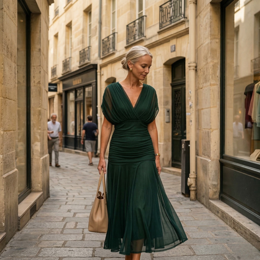 Sylvie | Robe Maxi Drapée à Col en V et Manches Voilées