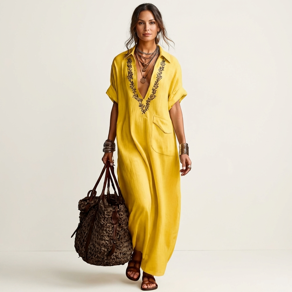 Maxi robe en lin avec broderie